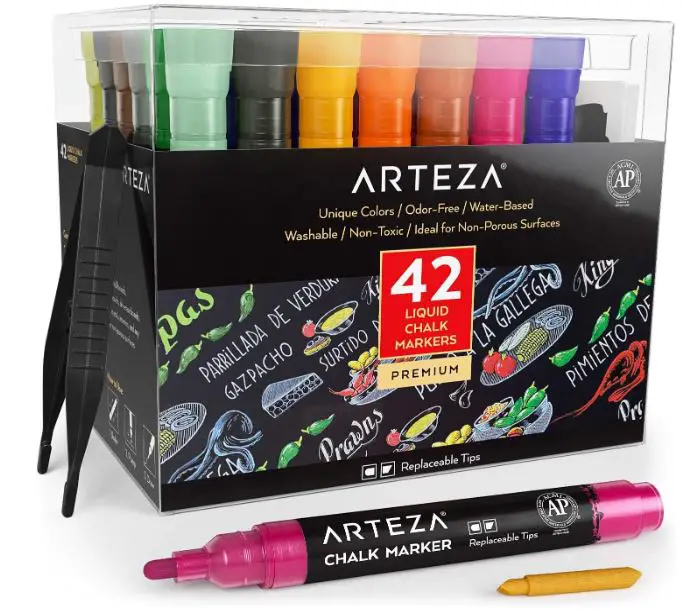 ARTEZA Liquid Chalk Markers, 42 Colors Pack with 50 Chalkboard Labels